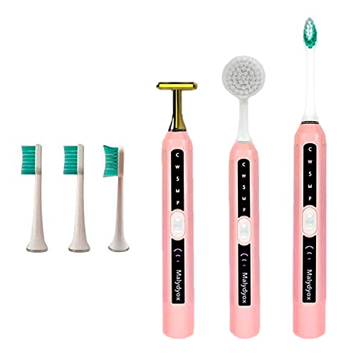 Malydyox 3-in-1 Waterproof Sonic Electric Toothbrush, Whitening Toothbrush, 3 Toothbrush Heads and 2 Facial Cleaning Massage Brush Heads, 5 Brushing Modes, 2-Minute Built-in Timer (Pink)