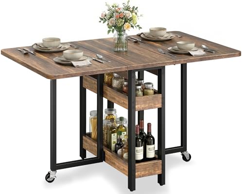 Clevich Klappbarer Esstisch mit 2 Ablageflächen Platz für 46 Personen ideal für kleine Räume nur 0.218 m zusammengeklappt Für Küche & Wohnung 133x80x75cm Tigerholz.