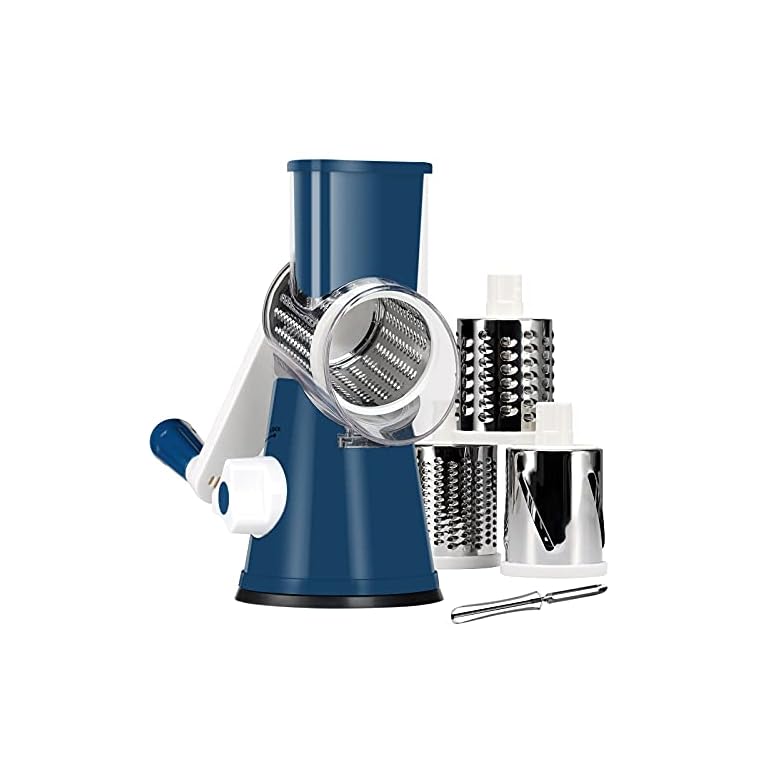 Rotary Cheese Grater with Handle - Vegetable Slicer Shredder Grater for Kitchen 3 Interchangeable Blades with a Stainless Steel peeler