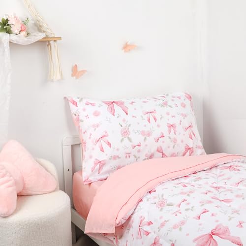 Image of Toddler Bedding Set for Girls 4 Pieces Pink Rose, Soft Breathable Toddler Comforter Set, Bow Flower Print, Includes Reversible Comforter, Fitted Sheet and Flat Sheet, Pillowcase