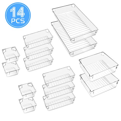 Omew Lot de 14 plateaux de rangement transparents pour tiroirs de salle de bain 4 tailles