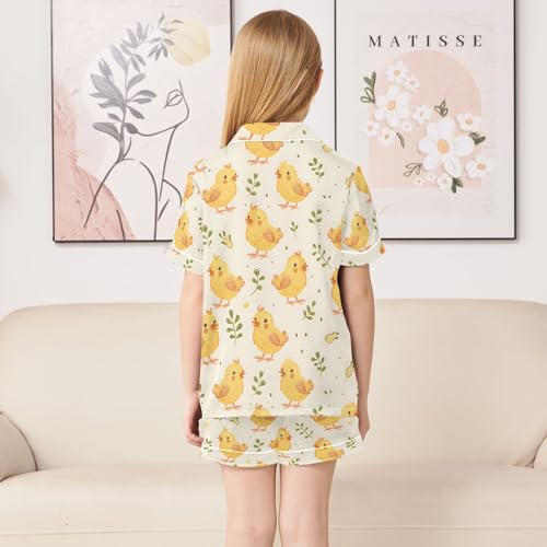 ALAZA Cartoon Chick Leaves Pajamas Satin Pajama Set Short Sleeve Button Down Sleepwear4