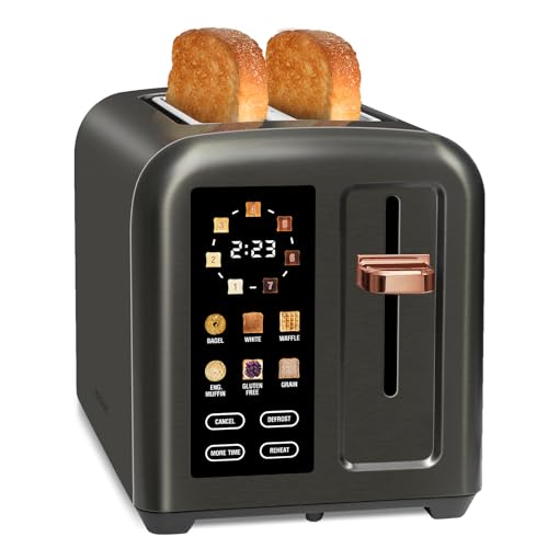 SEEDEEM Toaster 2 Slice, Touch Control Stainless Toaster LCD Display, 50% Faster Heating Speed, 1.4'' Wide Slots, More Timer Functions, Removable Crumb Tray, 1350W, Dark Metallic