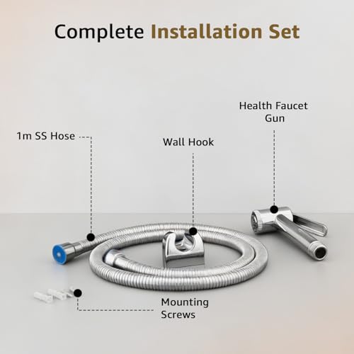 Image of Amazon Basics Handheld Health Faucet for Bathroom, ABS Plastic Body with Chrome Finish, 1 Meter Stainless Steel Flexible Hose Pipe and Wall Hook, Silver, Jet Spray for Toilet
