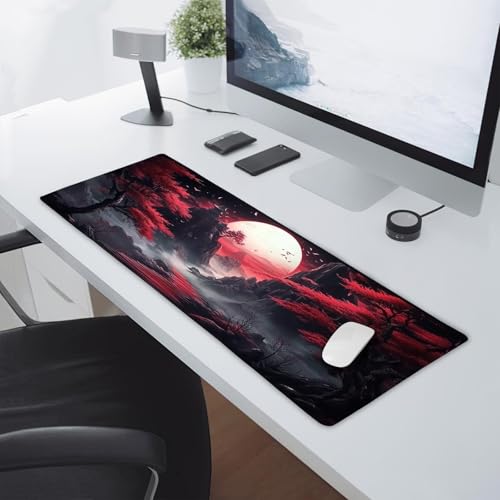 Image of Black Red Japanese Mouse Pad XL Moon Sakura Cherry BLoosm Tree Extended Table Mat 80X30 cm Non-Slip Rubber Base Stitched Edge Large XL Mousepad for Desk Gaming Laptop Desk Top,31.5x11.8 Inch