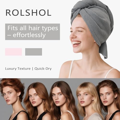 Image of ROLSHOL 2 Pack Microfiber Hair Towel Wrap for Women, 32 inch x 11 inch Waffle Weave Hair Plopping Towel for Curly, Long & Thick Hair, Anti-Frizz Hair Turbans for Wet Hair (White, Grey)