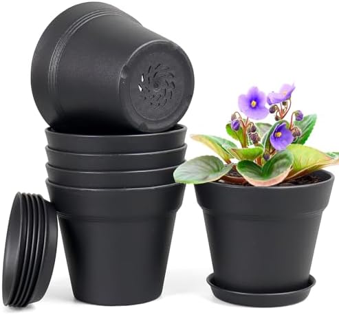 Homeuouz 6 Packs Blumentopf mit Untersetzer, 12.5cm Pflanzentopf, Plastik Übertopf mit Mehrere Ablauflöchern, Hydrokultur Topf, Blumentöpfe Set Ideal für Innen und Balkongärten,Sch
