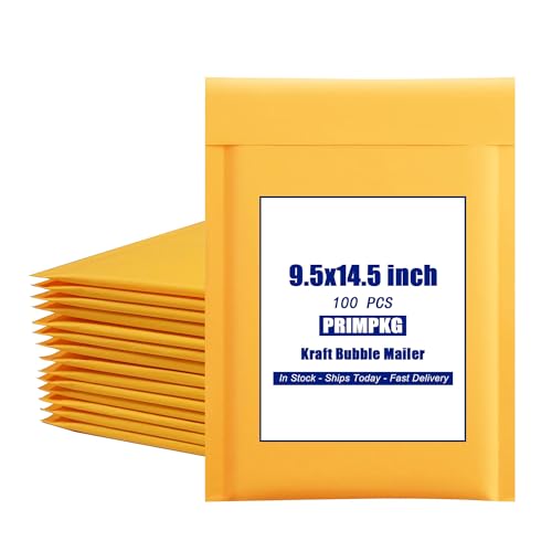PRIMPKG Kraft bubble mailer 9.5x14.5 inch, ziplock mailer, yellow padded envelope, corporate waterproof padded bubble mailer for shipping, mailing, packaging Usable Size 9.5x13.5 inch(100PCS)