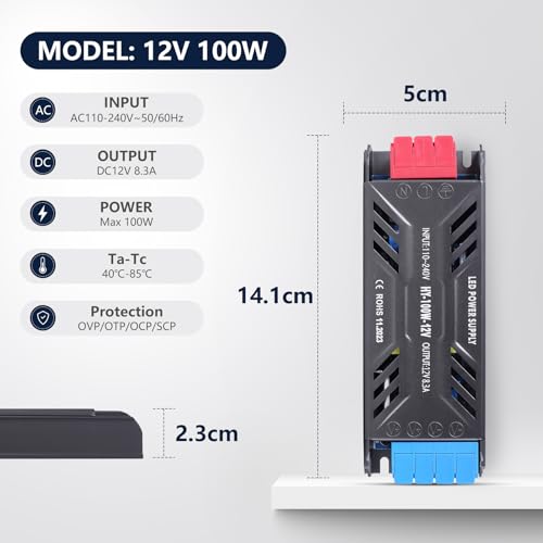 Image of 12V 100W LED Transformer with Plug Ultra Slim LED Driver 110V AC to 12V DC 8.3A 100 Watt Quiet Low Volt Converter LEDs Power Supply Constant Voltage for LEDs Strip Light, Indoor