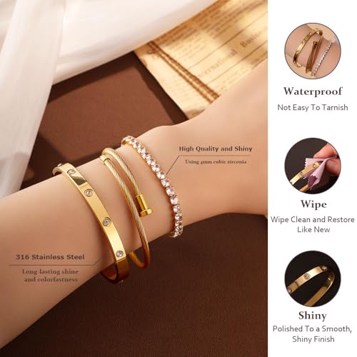 JUNVirtuous 3-Pack Gold Bracelets for Women,18K Gold Plated Bangle Tennis Bracelets Stack Set for Women Trendy Non Tarnish Stainless Steel Gold Bangles Accessories Designer Jewelry Pulseras Para Mujer2