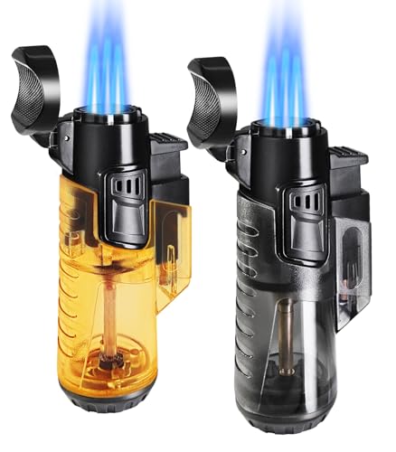 Urgrette Isqueiro de maçarico, pacote com 2, butano, recarregável, triplo acendedor de chama ajustável a gás butano, isqueiro de bolso para acampamento, churrasqueira, lareira e acampamento (sem
