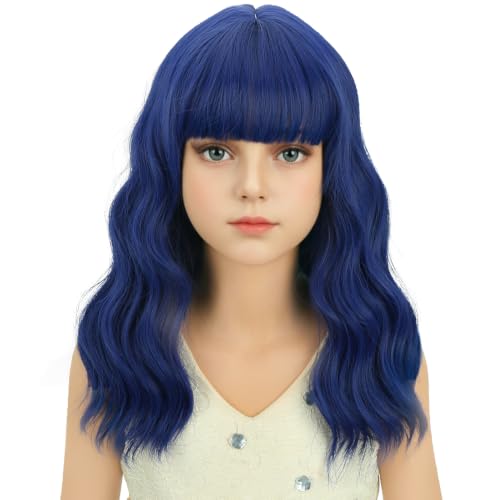 Image of Adult Navy Blue Wig Women Short Blue Wavy Curly Wigs Adult Wig with Air Bangs Synthetic Cosplay Hair Wigs