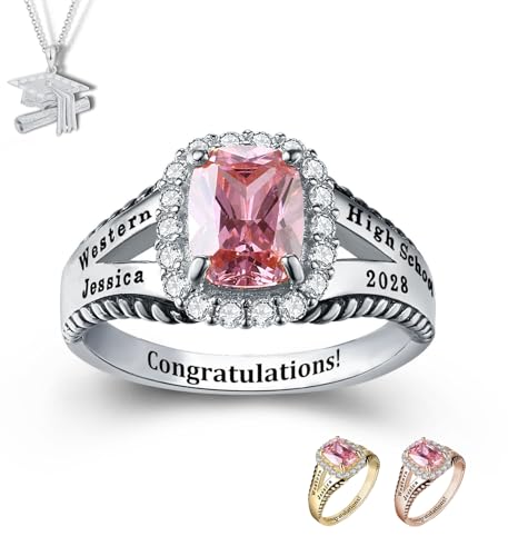 PJM Customized Sterling Silver Women’s High School Class Ring – Style Collection – Fully Personalized (Sterling Silver Platinum)