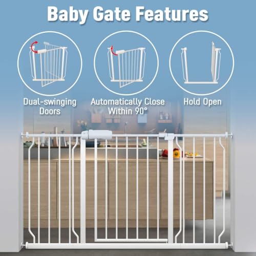 Image of ALLAIBB Extra Wide Pressure Mounted Baby Gate Walk Through Child Kids Safety Toddler Tension White Long Large Pet Dog Gates with Extension for doorways Kitchen (24.02-29.13 /61-74cm, White)