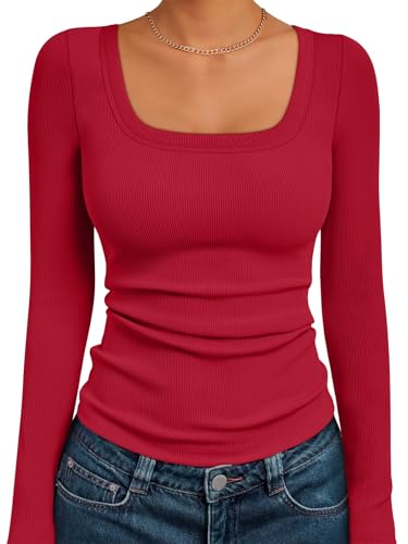 Image of AUTOMET Women's Square Neck Ribbed Long Sleeve Slim Fit Tops Fall