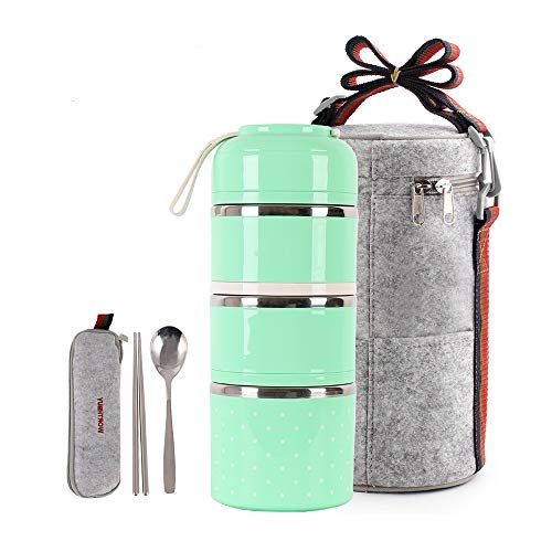 HOMESPON Cute Lunch Box Insulated Lunch Bag Bento Box Food Container Storage Boxes With Cutlery For Adults Office Camping (3 tiers(green)) …