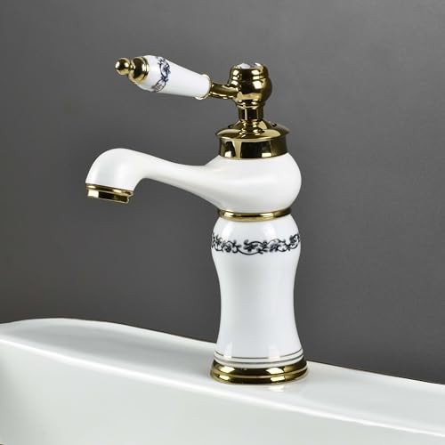 Image of InArt White Gold Glossy Finish Basin Pillar Cock Tap Faucet for Wash Basin, Hot & Cold Water Mixer, Single Handle, Waterfall Design, Table Mount /Deck Mount (Gold White)
