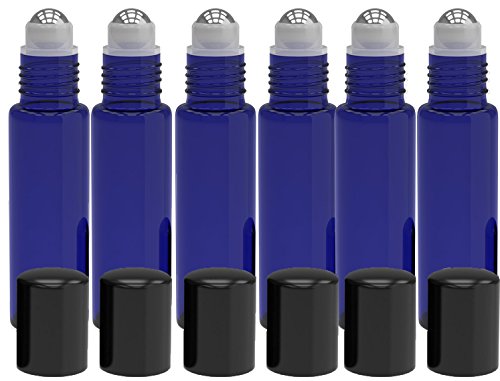 6 pack - roll on glass bottle - blue 10ml 1/3oz size for essentia…