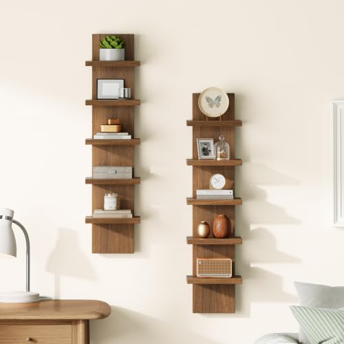 Image of HOOBRO 5 Tier Wall Shelf Unit for Storage, 2 Pack Floating Shelves for Wall | Wall Mounted Shelves, Vertical Display Shelf, Organizer Tall Tower Design for Livingroom Bedroom Kitchen, Walnut WL18BJP201