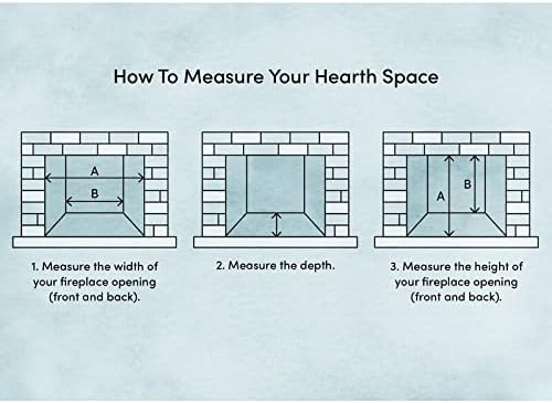 Diagram showing how to measure fireplace hearth space for width, depth, and height.