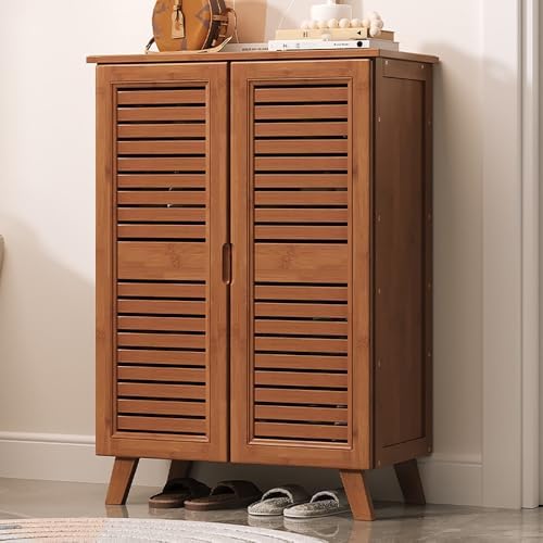 Bamboo Shoe Rack with Open Shelves - Fashion Entryway Storage Hallway Organizer（Brown,63cm 2 Door 5 Tier (Without Drawer)） image 3
