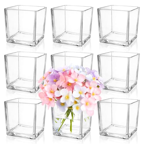 Comrzor 9 Pack Square Glass Vase 4 x 4 x 4 Clear Flower Vase for Centerpieces Candle Holder for Wedding Party Events Home Dcor