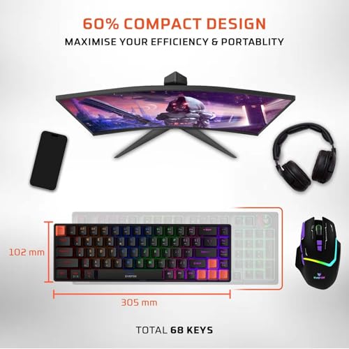 Image of EvoFox Katana S Mini Mechanical Keyboards Wireless | Tri-Mode (3X BT, 2.4GHz & Wired) Connectivity | Hot-Swappable Red Switches | 68-Key Compact | Rainbow Backlight | Rechargeable Battery