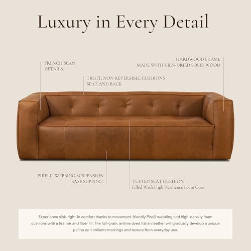 Image of Poly & BARK Capa 92 inch Sofa - Saddle Tan Full-Grain Pure-Aniline Italian Leather, Boxy Modern Design, Feather-Fiber Cushions, Solid Wood Frame