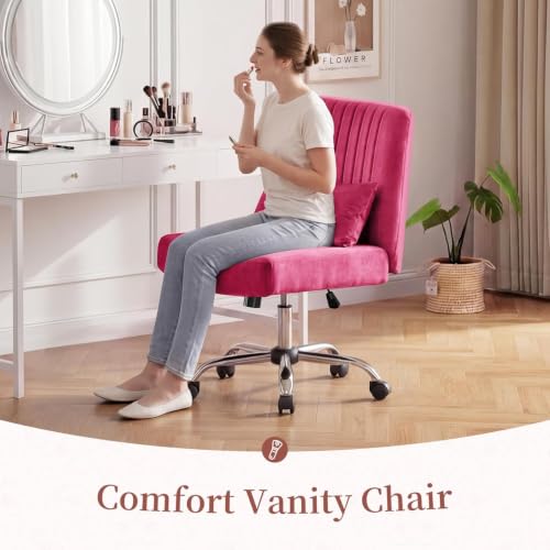 Image of Velvet Criss Cross Desk Chair with Wheels, Luxury Cross Legged Office Office, Swivel Wide Seat Vanity Chair, Armless Adjustable Height Gaming Chair Gift, Dusty (2, Barbie Pink)