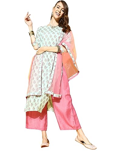 Image of Women Rangpreet Sea Green Printed Straight Kurta Palazzo With Dupatta Set