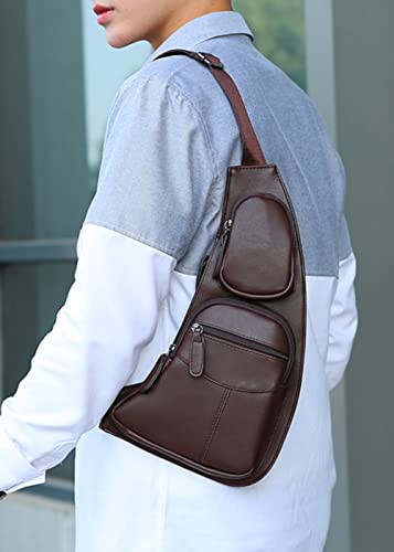 Men Travel Hiking Leather Sling Bag Outdoors Crossbody Daypack Chest Bags-Coffee b3