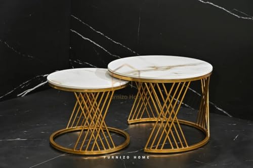 Image of Brown Art SHOPPEE Home Decor Furniture Round Coffee Table Sets,2 Piece MDF Top Couch Table,Stacking Nesting Table with Iron Frame for Living Room Living Room or Lounge (Gold & White)