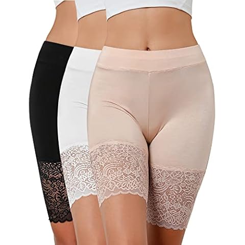 Nadeer Women Anti Chafing Slip Boxer Cotton Shorts Under Skirt Safety Pants Knickers Panties Long Leg Knickers Ladies Soft Boxer Shorts Underwear(Lace Shorts:A-Black+White+Skin,XXL) Cover