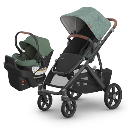 UPPAbaby Travel System - Vista V3 Stroller + Aria Lightweight Car Seat Combo - Toddler Seat, Rain Shield, Bug Shield, Car Seat, Base with Load Leg + Infant Insert Included – Gwen (Green Mélange)