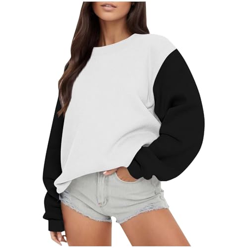 Crewneck Sweatshirts Women Cute Color Block Long Sleeve Fleece Pullover Oversized Ragan Shirt Teen Girls Fall Sweater