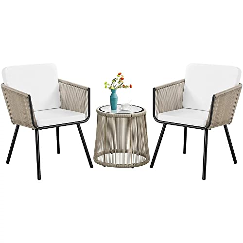 Image of LOCCUS 3 Pieces Patio Furniture Set Outdoor All Weather Woven Rope Conversation Bistro Set Hand-Woven Rope Chairs with Glass Top Coffee Table Set for Backyard (Beige and Off-White)