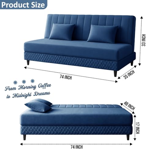 Image of Rosebell Modern 3 Seater Velvet Sofa Cum Bed with Cushion | Premium Upholstered Fabric | Tufted Backrest | Wooden Legs | Living Room Furniture | Blue