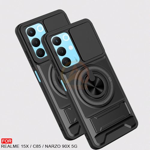 Image of Realme 15X / C85 / Narzo 90X 5G Back Cover | Armor Camera Slider 360 Degree Rotating Finger Ring Holder Case with Bracket Stand Back Case Cover (Compatible with MagSafe Accessories) (Black)