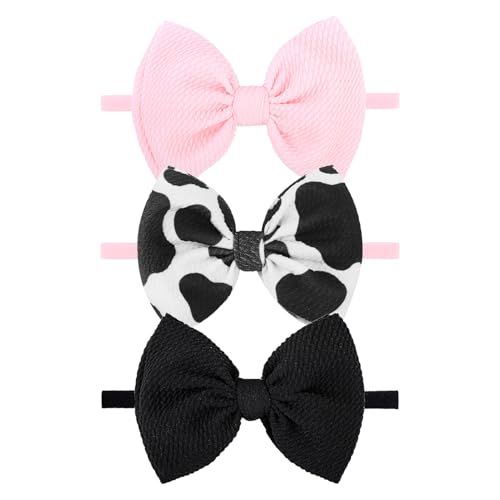 Image of YanJie Moo Cow Print 4.5’’ Hair Bows for Girls Cowgirl Accessories Newborn Infant Toddler Baby Girl Headbands Black & Pink Bow Baby Wrap