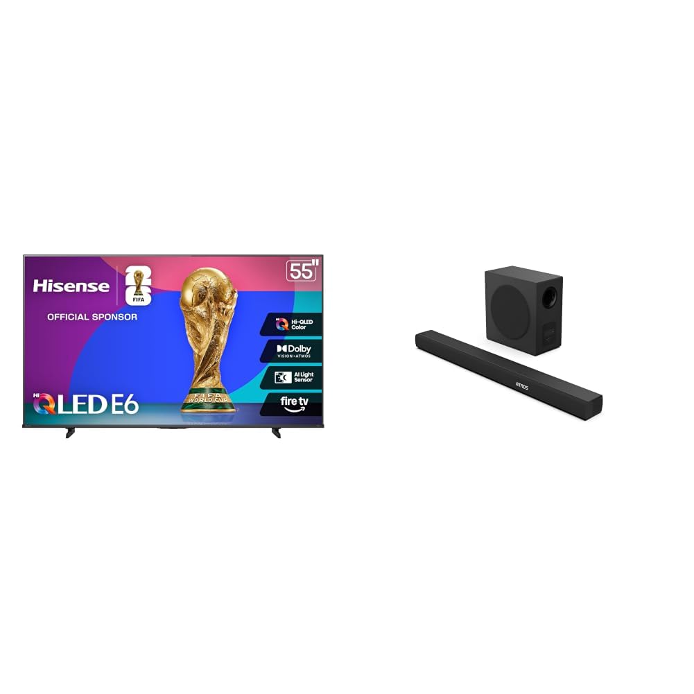Hisense 55" E6 Cinema Series Hi-QLED 4K UHD Smart Fire TV (55E6QF) with AX3100Q 3.1ch Soundbar, Dolby Vision · Atmos, DTS:X, Wireless Subwoofer, Bluetooth 5.3