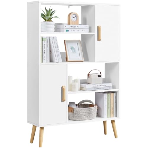 Yaheetech Librería de Madera Estantería de Libros con 2 Armarios con Puerta y 4 Estantes Abiertos Armario Auxiliar con Patas para Estudio, salón, Dormitorio, Oficina Blanco