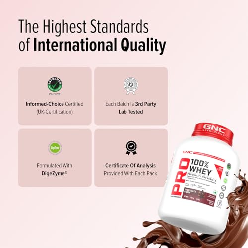 Image of GNC Pro Performance 100% Whey Protein | New Formulation | 24g Protein, 5.7g BCAAs, 12.3g EAAs | Added DigeZyme | Whey Isolate & Concentrate Blend, Low Carb (4.51g), No Added Sugar | Chocolate Fudge ,1.81Kg