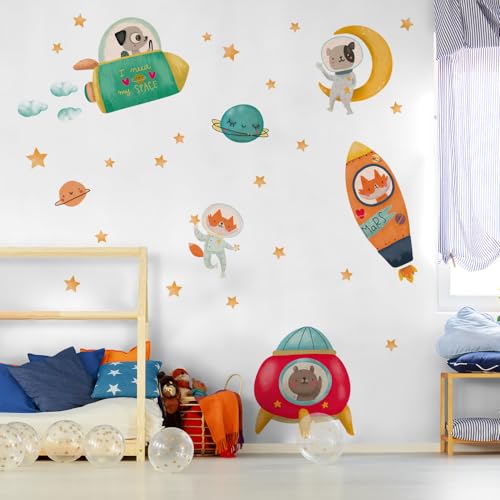kina - R00510 Pegatinas de Pared Niños Ecológico e Hipoalergénico Efecto de Tela Suave Reposicionable Viaje Espacio Decoración de Pared Dormitorio Guardería Papel Pintado adhesivo - Medida 90x30