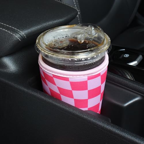Image of 3 Pack Reusable Iced Coffee Sleeves - Xumbtvs Insulator Sleeve for Cold Beverages, Neoprene Coffee Cup Holder (Pink Chessboard)
