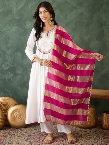 Image of Naixa Women's Chanderi Embroidered Flared Kurta with Pant and Dupatta Sets (NX-762)