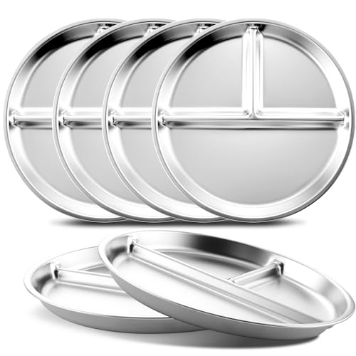 Bakpoco Stainless Steel Kids Plates Set of 6 9 Portion Control Plates Divided Plate for Adults Toddlers Balance Lunch Bariatric & Diabetic Diet Non Toxic Camping Metal Snack Plate for Eating