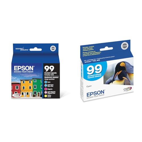 Epson 99 Claria Hi-Definition Ink Standard Capacity 5 Color Cartridge Combo Pack & 99 Claria Hi-Definition Ink Standard Capacity Cyan Cartridge (T099220-S) Works with Artisan-700, 710