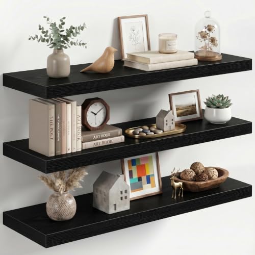 Image of Fun Memories 32 Inch Floating Shelves for Wall, Black Wood Wall Mounted Shelf with Invisible Bracket, 10 Inch Deep Large Shelves for Living Room Bathroom Bedroom, Set of 3