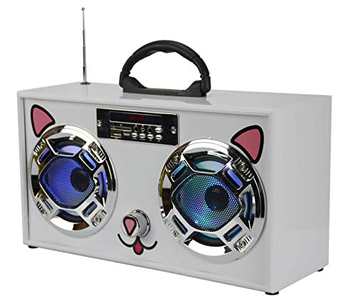 Mini Boombox with LED Speakers –Retro Bluetooth Speaker w/Enhanced FM Radio - Perfect for Home and Outdoor (Cat)