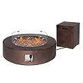 AQUILLA 42 inch Propane Fire Pit, 50000 BTU Stainless Steel Burner Round Fire Table w Tank Table, Free Lava Rocks, Glass Wind Guard, Waterproof Cover, Brown, for Poolside, Backyard